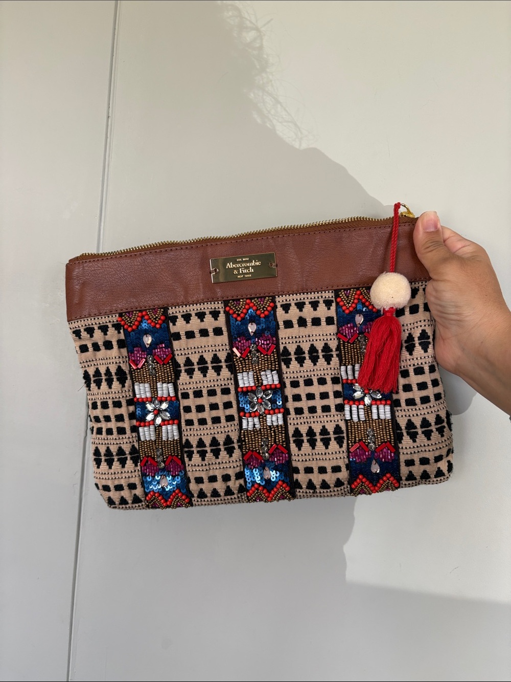 Abercrombie & Fitch Beige Embroidered Beaded Clutch with Red Tassel Accent